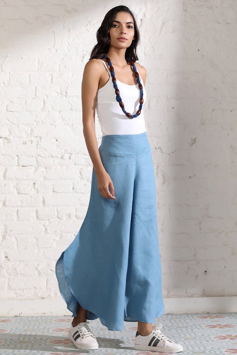 Linen Blue Flared Trousers  Flare Pants  Trousers for Women  Yell  Yell   Unisexx Fashion House